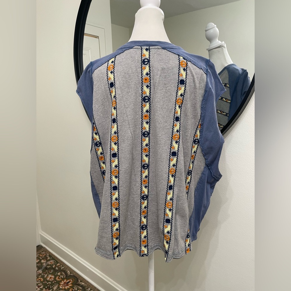 Free People Blue/Gray Groovy Embroidered Stripe Oversized Tee - Picture 6 of 9